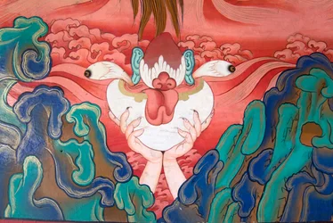 Oferta dos cinco sentidos às divindades iradas, detalhe de um mural em Likkir gompa, Ladakh, Índia